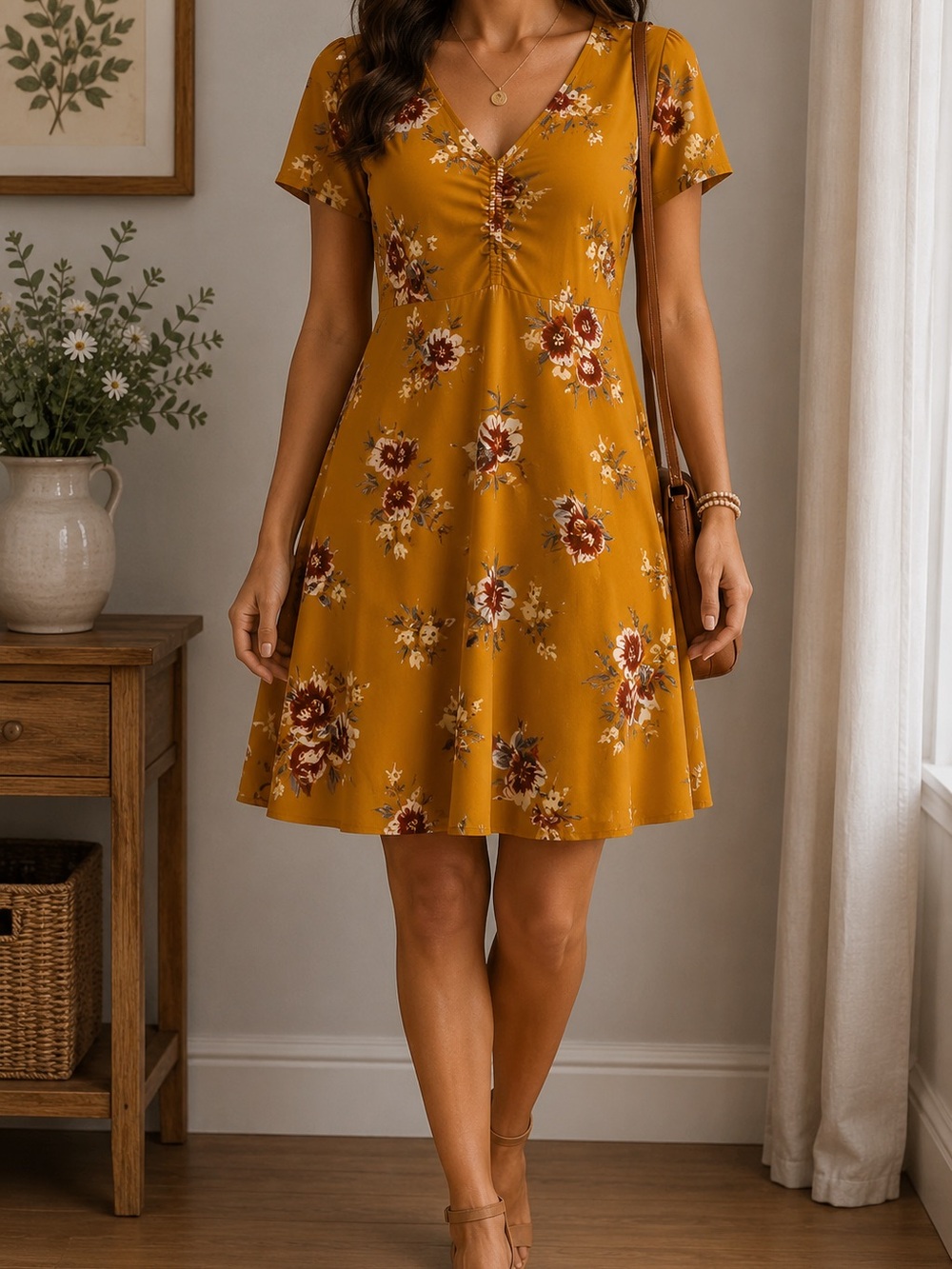 Pink Rose Mustard Floral V-Neck Midi Dress